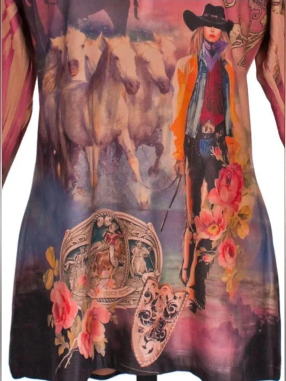 Fantazia Western Cowgirl Rose Horses Graphic Tunic Top  L Boho Rodeo Core